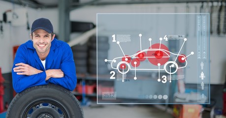 Canvas Print - Mechanic leaning over tire against car mechanics in background