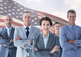 Sticker - Group of confident businesspeople standing against American flag