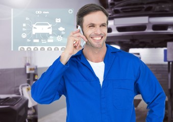 Poster - Happy automobile mechanic talking on mobile phone