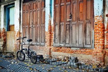 Old Vintage Wood Door Wood Texture Old Brick Wall  Bicycle Tourists Bicycle Touring Attractions