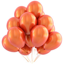 Balloons Orange Happy Birthday Party Decoration Yellow Glossy. Holiday Anniversary Celebrate New Year's Eve Xmas Christmas Carnival Greeting Card Design Element. 3D Illustration Isolated