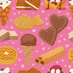 Wall Mural - Different wafer cookies waffle cakes and chocolate delicious snack cream dessert crispy bakery food vector seamless pattern.