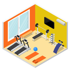 Wall Mural - Interior Gym with Exercise Equipment Isometric View. Vector