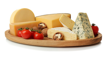 Sticker - Board with assortment of delicious cheese, tomatoes and nuts on white background