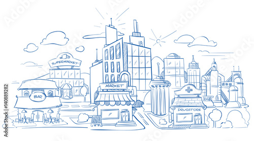 City Landscape With Modern Buildings Pencil Sketch Hand