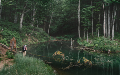 Poster - Hiker standing near a lake