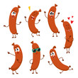 Cute and funny sausage characters with human face showing different emotions, cartoon vector illustration isolated on white background. Set of sausage characters, mascot, design elements
