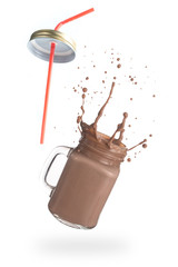 Sticker - Milk chocolate splash with straw over white background