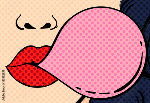 Plakat na zamówienie Close-up of a woman's face with red lips and gum bubble. Vector illustration