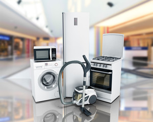 Home appliances Group of white refrigerator washing machine stove microwave oven vacuum cleaner 3d render on glass flor