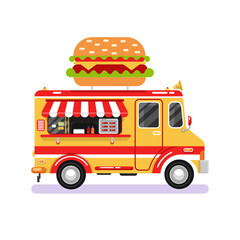 Wall Mural - Flat design vector illustration of fast food van. Mobile retro vintage shop truck icon with signboard with big tasty hamburger. Car side view, isolated on white background