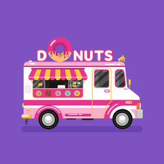 Wall Mural - Flat design vector illustration of donuts car. Mobile retro vintage shop truck icon with signboard with big donut with tasty glaze. Van side view, isolated