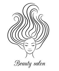 Wall Mural - Contour logo for beauty salon with woman with closed eyes and hair in wind