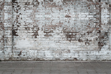urban background, white ruined industrial brick wall whith copy space