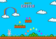 Happy Easter Greeting Card. Easter Rabbit In Style Of Eight-bit Game. Inscription Of  Happy Easter.  Vector Illustration 