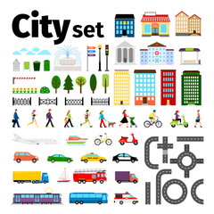 Wall Mural - City elements isolated on white background. Urban transport and roads, buildings people life vector illustration