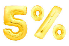Golden Five Percent Made Of Inflatable Balloons Isolated On White Background. One Of Full Percentage Set