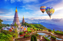Landmark Pagoda In Doi Inthanon National Park With Balloon At Chiang Mai, Thailand.