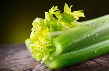 Fototapete - Celery closeup over black background. Leaves and stem of fresh organic green celery