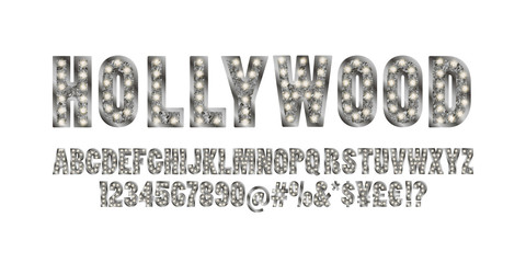 Poster - Hollywood. Color Golden alphabet with show lamps.