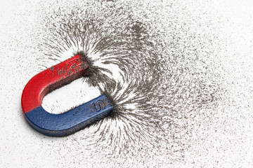red and blue horseshoe magnet or physics magnetic with iron powder magnetic field on white backgroun
