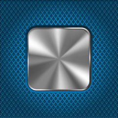 Metal square button on blue perforated background. Diamond shape holes