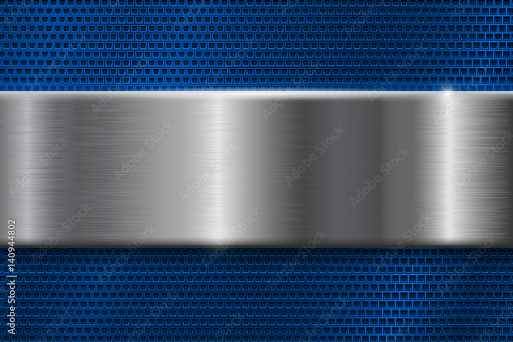 Blue metal perforated background with square holes. With red stainless ...