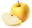 Isolated wet apples. Whole yellow (golden) apple fruit with slice isolated on white, with clipping path