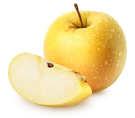 Poster - Isolated wet apples. Whole yellow (golden) apple fruit with slice isolated on white, with clipping path