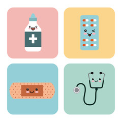 Wall Mural - kawaii medicine icons over colorful squares and  white background. vector illustration