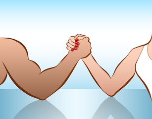 Man and woman arm wrestling of as a symbol for battle of the sexes or gender fight. Isolated vector illustration on white background.