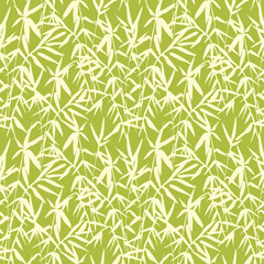 Wall Mural - Bamboo seamless pattern on green background in japanese style, light fresh leaves, zen-like realistic design, vector illustration