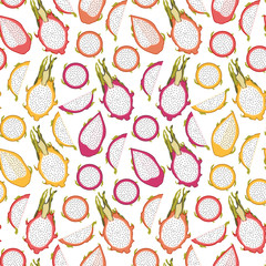 Tropical pattern with dragon fruit.Seamless vector exotic print.Summer textile  texture