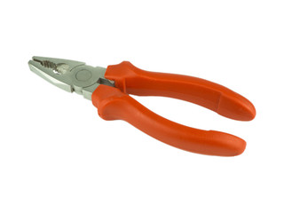 Metal pliers with red plastic handle on white isolated background