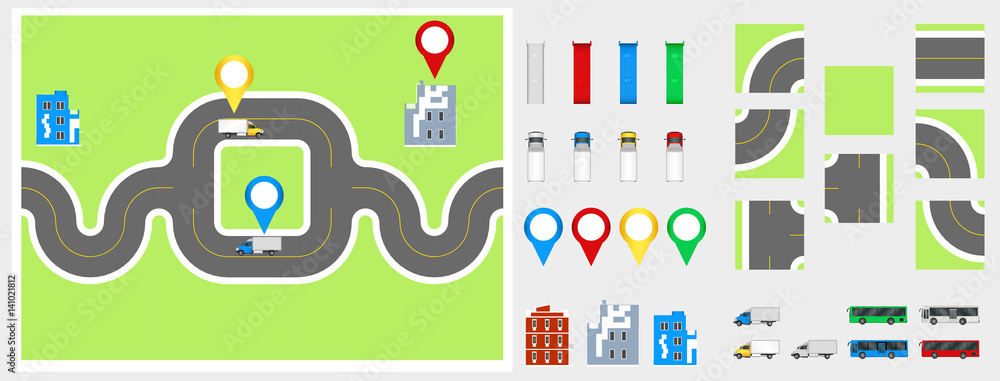 Cityscape Design Elements with road, transport, buildings, navigation ...