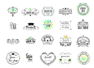 Badge as part of the design - Green tea Sticker, stamp, logo - for design, hands made. With the use of floral elements, calligraphy and lettering