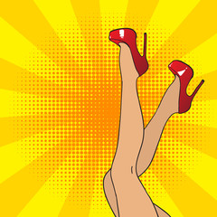 Pop art female legs in red shoes on high heels. Comic style