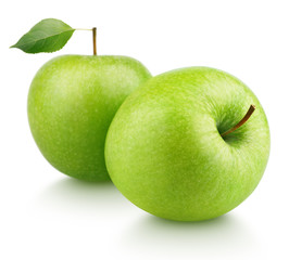 Poster - Two ripe green apple fruits with green apple leaf isolated on white background