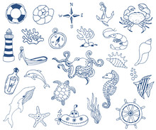 Hand Drawn Sea Doodle Icons Collection On White Background. Vector Illustration 