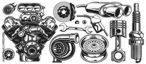 Fotomural Set of monochrome car repair service elements isolated on white background
