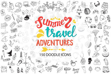 Hand drawn sea, travel, drinks, fruits, summer doodle Icons collection on white 