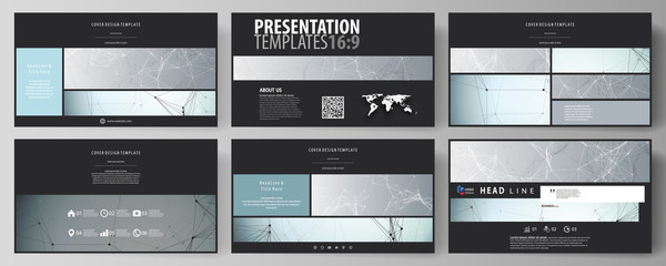 Wall Mural - Business templates in HD format for presentation slides. Abstract vector layouts in flat design. Chemistry pattern, connecting lines and dots, molecule structure, scientific medical DNA research.