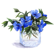 Bouquet Of Blue Periwinkle Flowers In Glass Vase. Watercolor Illustration