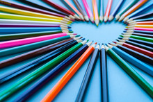 Abstract Blur Background. Crayon Heart - Heart Shape Made Of Colored Pencils