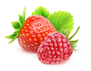 Fototapete - Isolated berries. Strawberry and raspberry fruits isolated on white background with clipping path