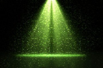 Stage light and green glitter lights on floor. Abstract background for display your product. Spotlight realistic ray