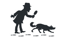 Detective With Magnifying Glass And Tracker Dog Silhouette