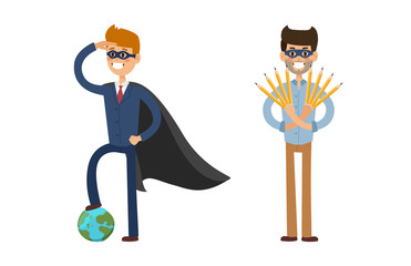 Wall Mural - Superhero business man vector illustration set character success cartoon power concept businessman strong person silhouette leader team isolated