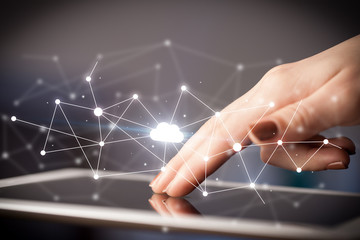 Poster - Fingers touching tablet with cloud concept