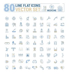  Vector graphic set. Icons in flat, contour, thin, minimal and linear design.Medicine. Branches of Medicine. Medical education.Treatment of diseases.Concept illustration for Web site.Sign, symbol.